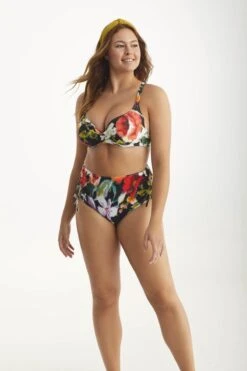 Promise - Bavaro Bikini Set (niet-voorgevormde Beugel Top + High Waist Slip) - Maat 75C - Bloemenprint Zwart - Dames